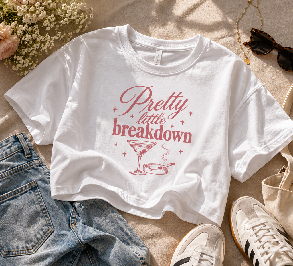 Pretty Little Breakdown T-Shirt | Crop Boxy Tee, Pink Script Martini Design