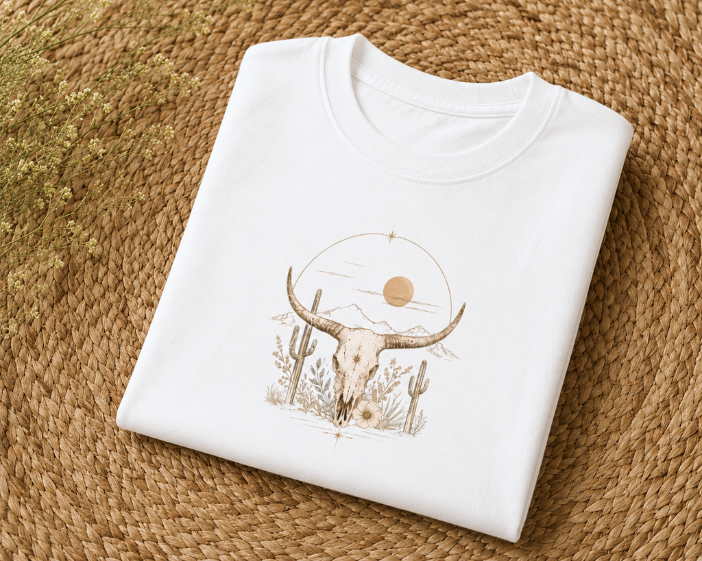 Desert Longhorn Skull Tee | Cow Skull, Cactus, Moon Graphic