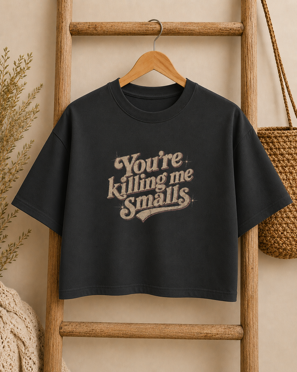 You're Killing Me Smalls Tee | Boxy Cropped T-Shirt, Retro Script Baseball Quote