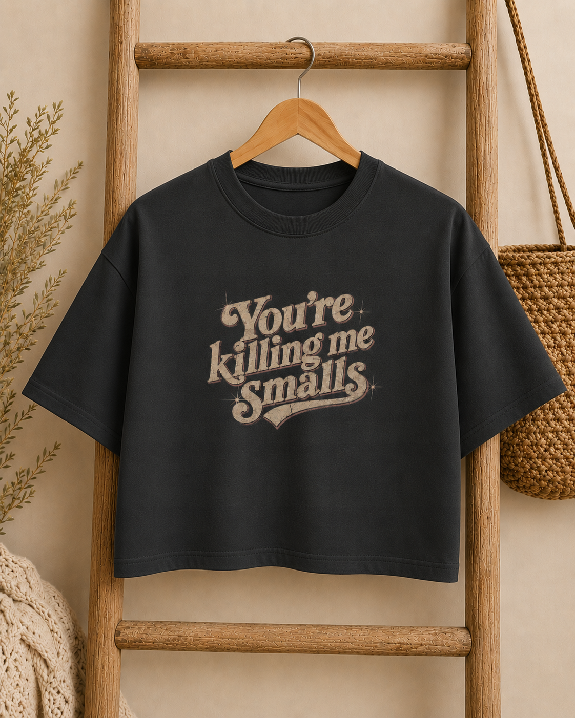 You're Killing Me Smalls Tee | Boxy Cropped T-Shirt, Retro Script Baseball Quote