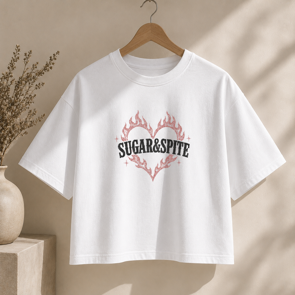 Sugar & Spite Women's Boxy Tee — Flame Heart Graphic Crop T‑Shirt