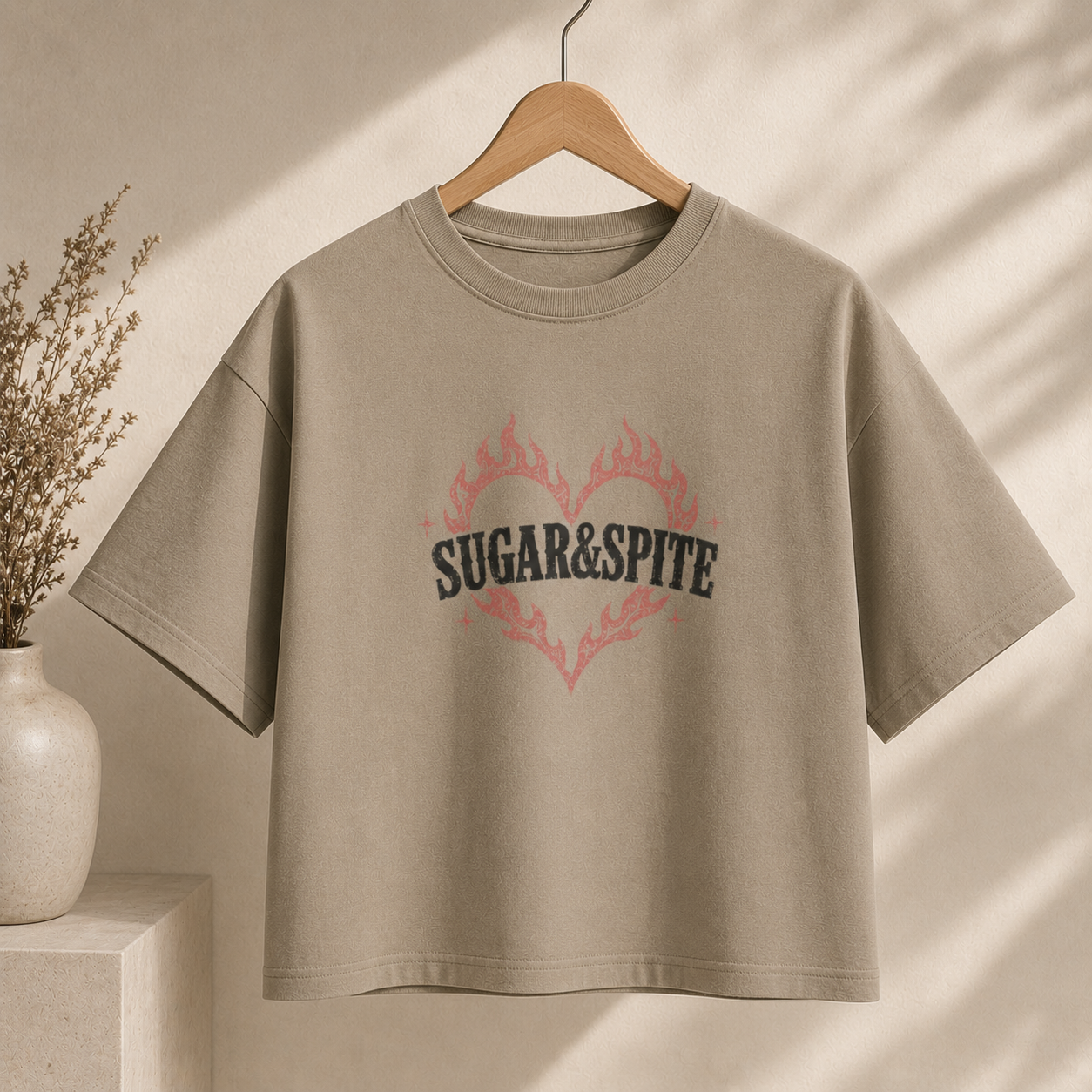 Sugar & Spite Women's Boxy Tee — Flame Heart Graphic Crop T‑Shirt