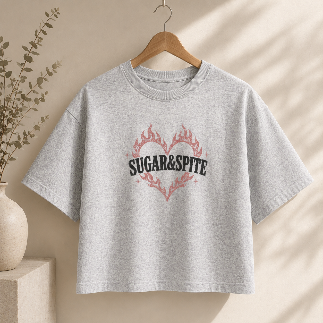 Sugar & Spite Women's Boxy Tee — Flame Heart Graphic Crop T‑Shirt