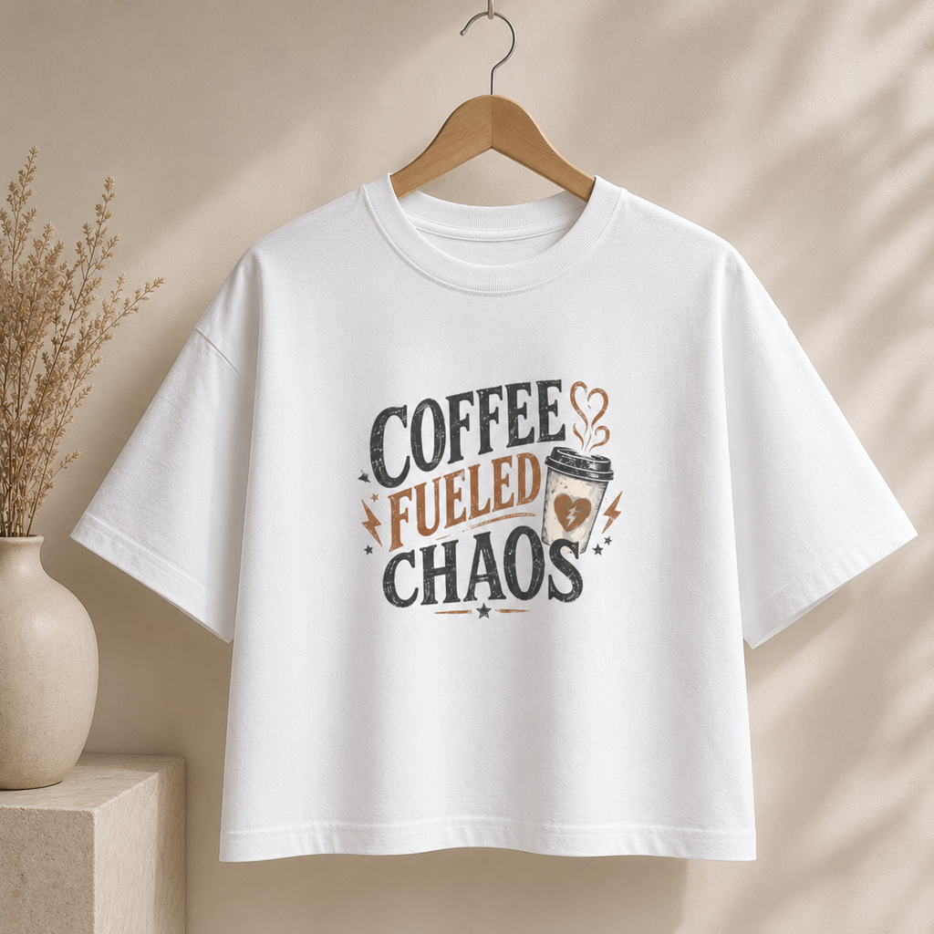 Coffee Fueled Chaos Boxy Tee — Women’s Casual Graphic T‑Shirt