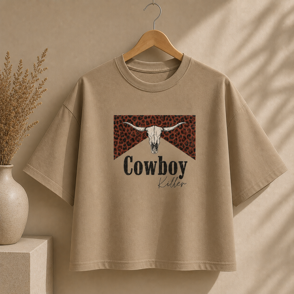 Cowboy Killer Leopard Skull Boxy Tee — Western Graphic Women’s Crop Shirt