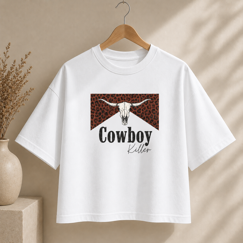 Cowboy Killer Leopard Skull Boxy Tee — Western Graphic Women’s Crop Shirt