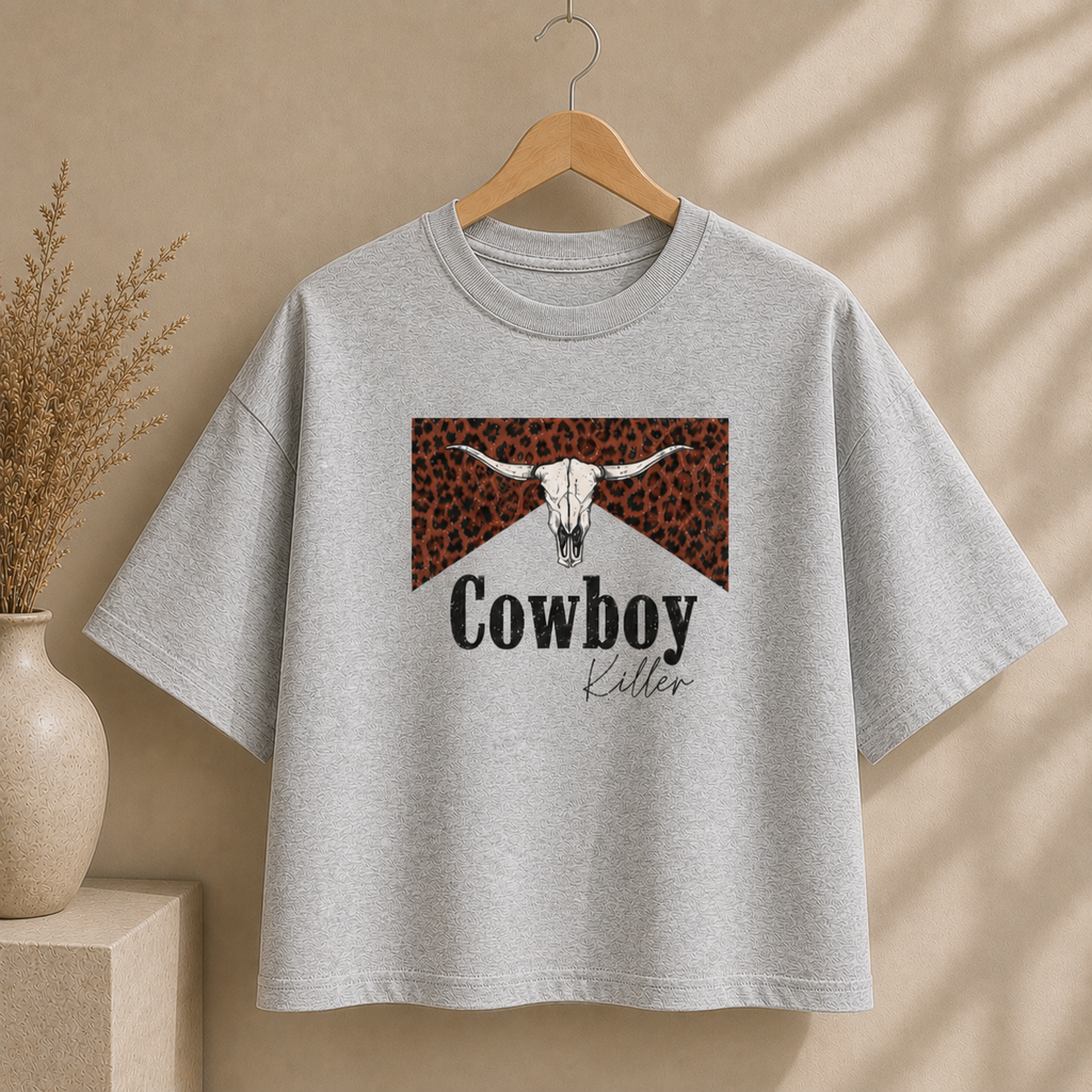 Cowboy Killer Leopard Skull Boxy Tee — Western Graphic Women’s Crop Shirt