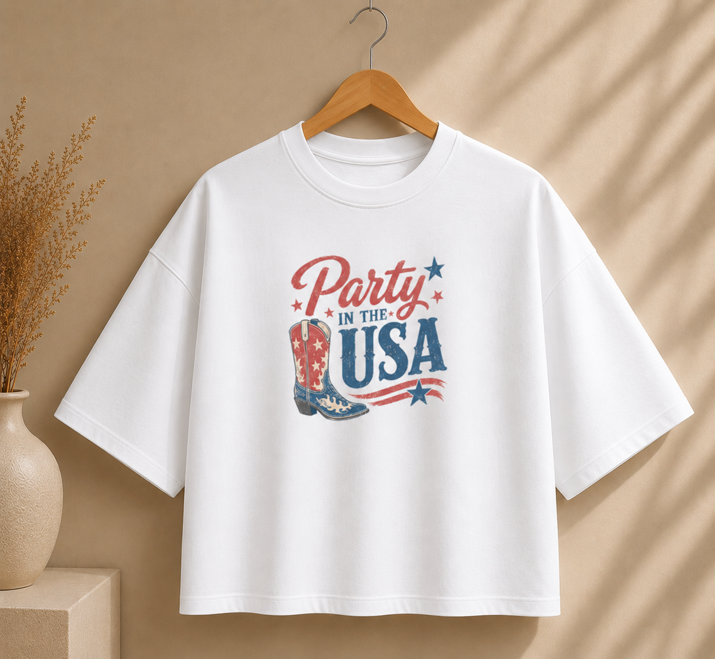 Party in the USA Boxy Tee — Patriotic Cowboy Boot 4th of July Shirt