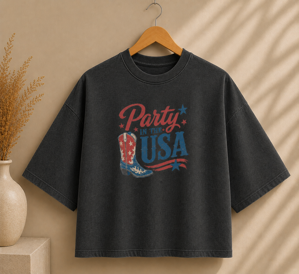Party in the USA Boxy Tee — Patriotic Cowboy Boot 4th of July Shirt