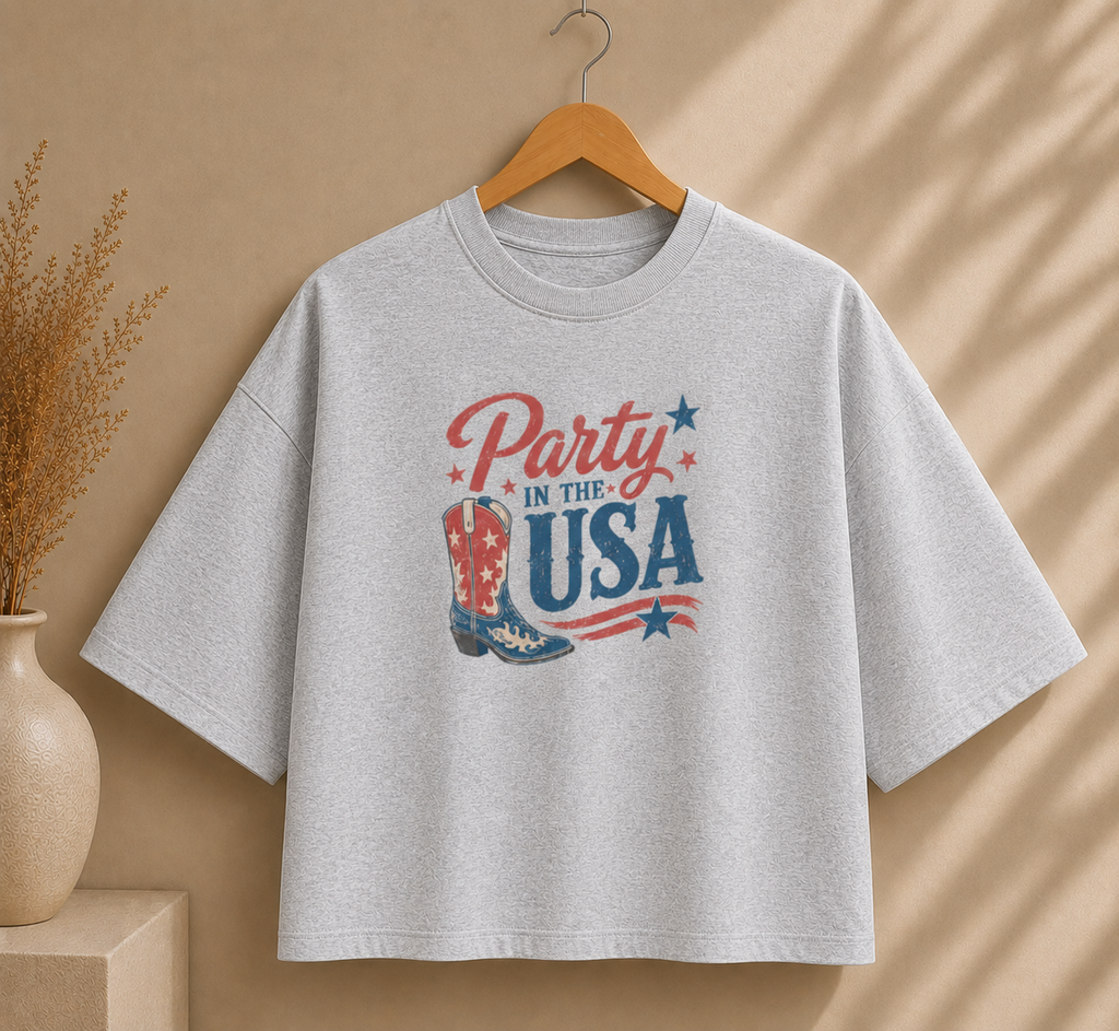 Party in the USA Boxy Tee — Patriotic Cowboy Boot 4th of July Shirt