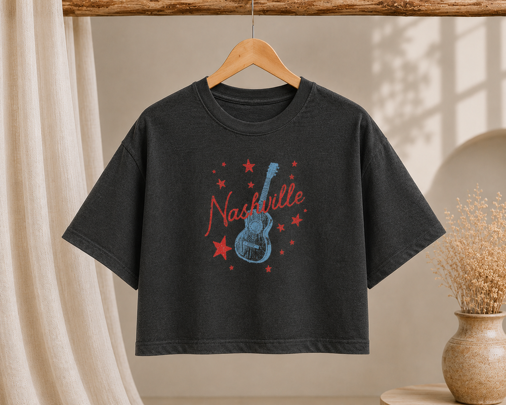 Nashville Guitar Stars Boxy Tee — Retro Music City Crop T-Shirt