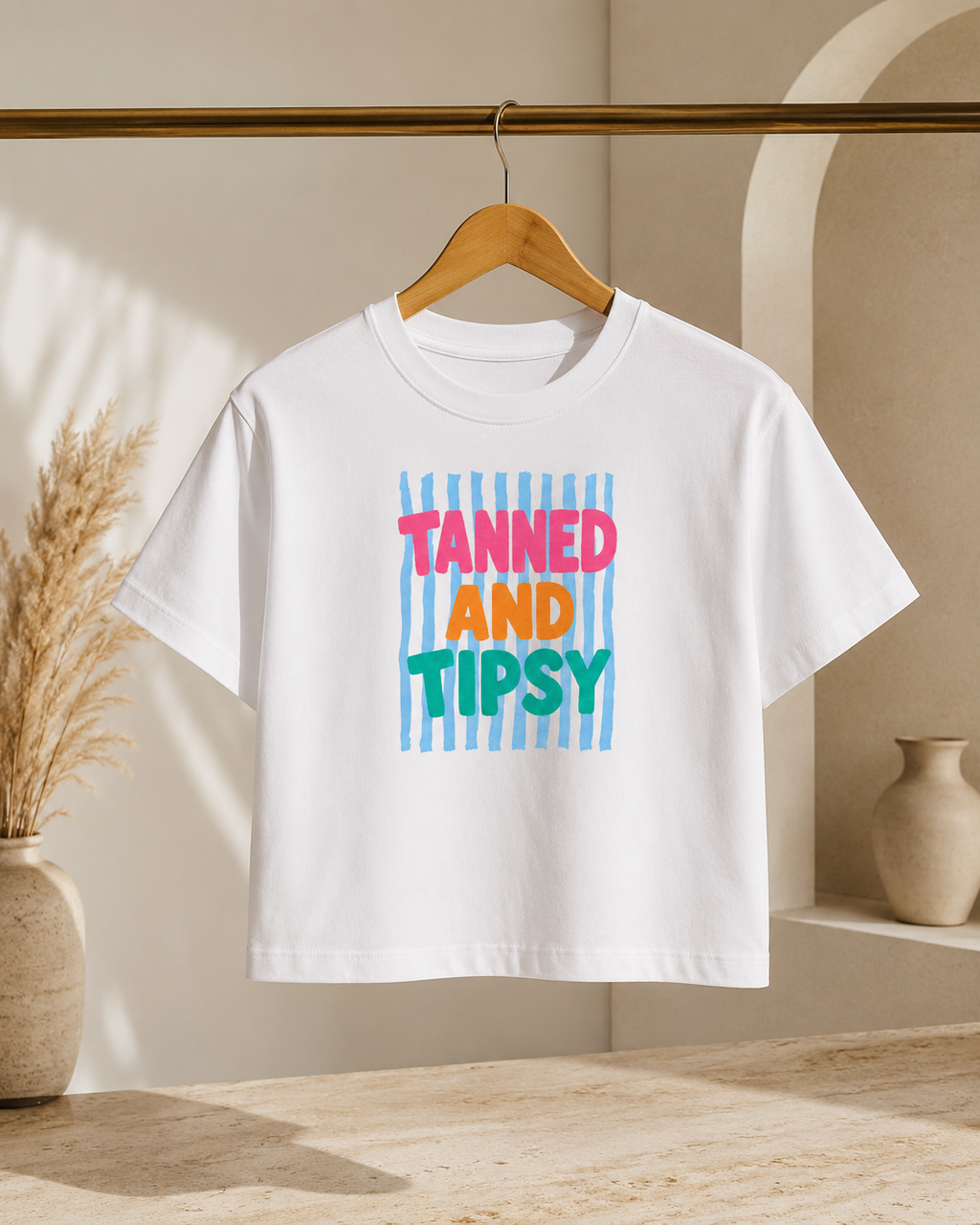 T-Shirt — "Tanned and Tipsy" Colorful Summer Graphic Boxy Tee