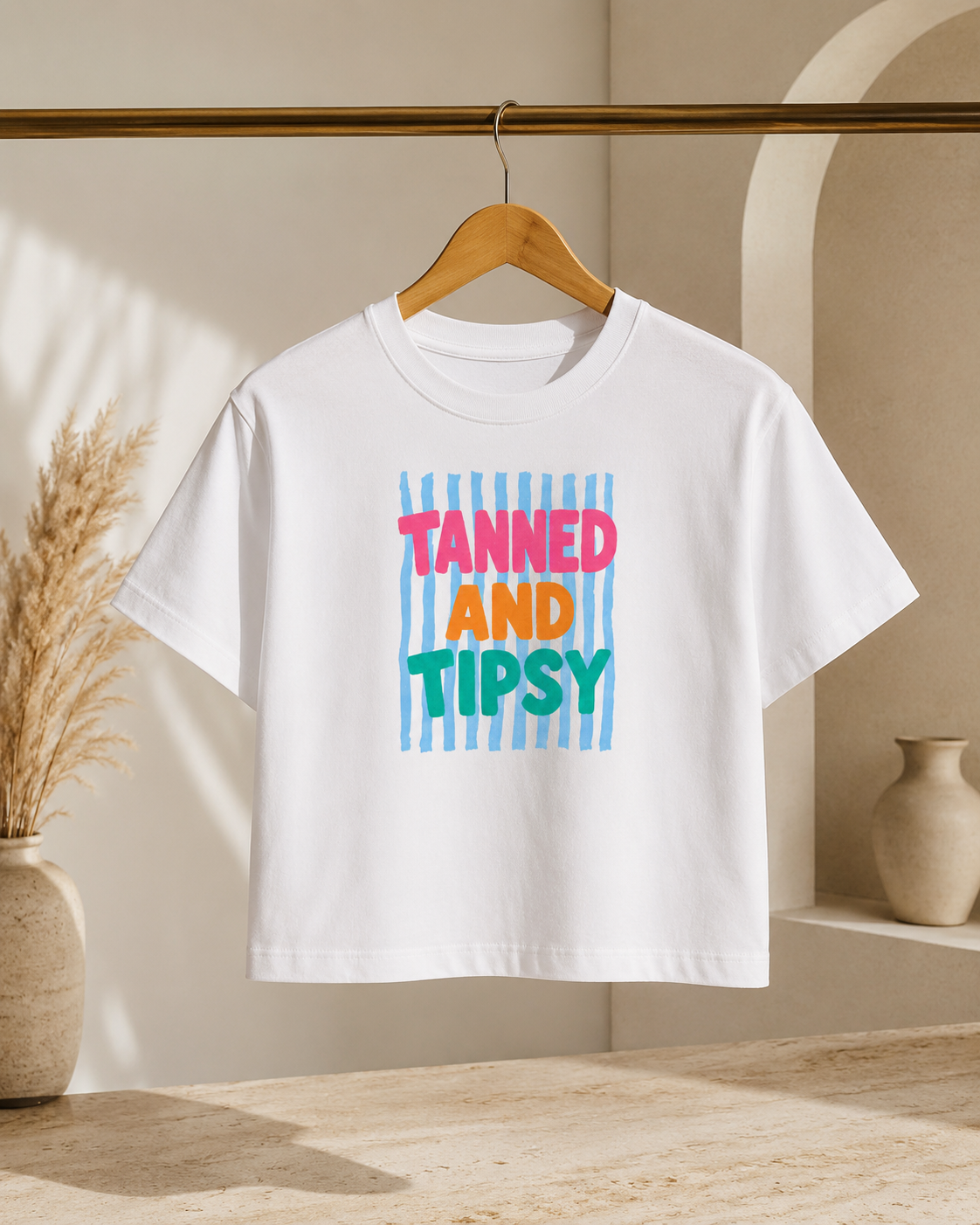 T-Shirt — "Tanned and Tipsy" Colorful Summer Graphic Boxy Tee