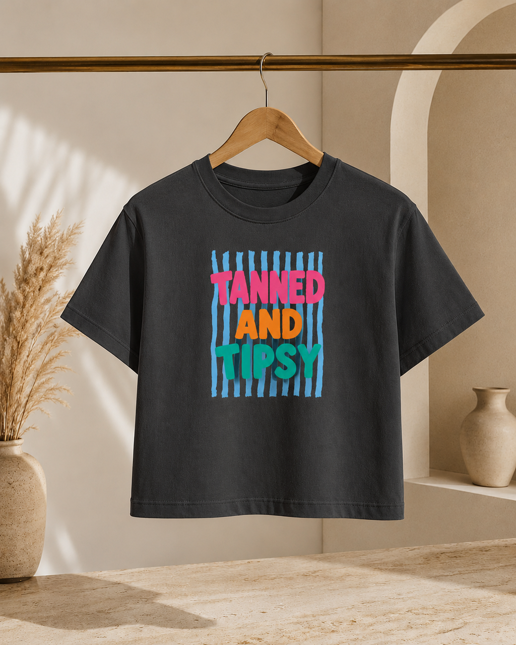 T-Shirt — "Tanned and Tipsy" Colorful Summer Graphic Boxy Tee