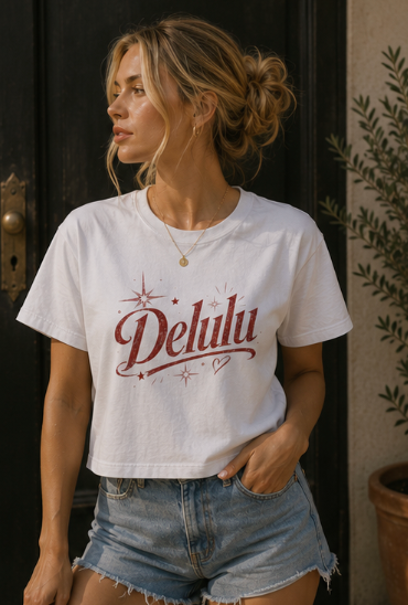 Delulu Boxy Tee - Retro Script Feminine Graphic Crop T‑Shirt