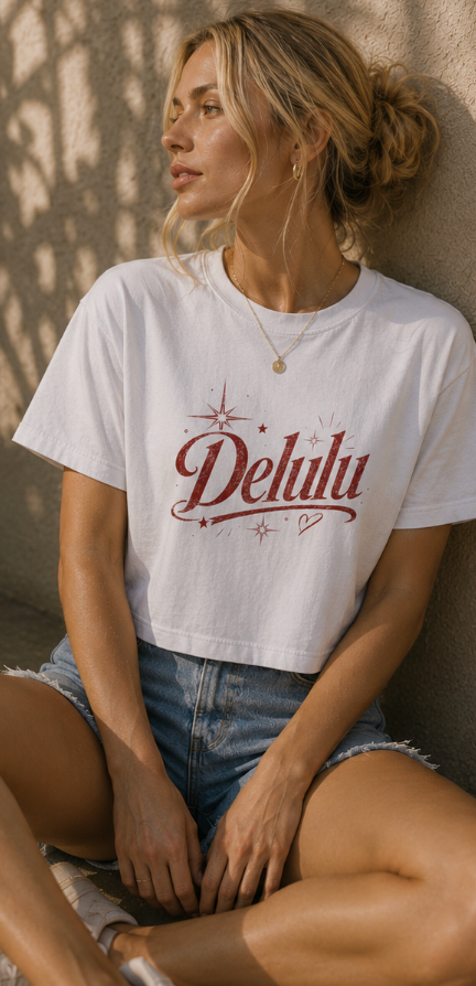 Delulu Boxy Tee - Retro Script Feminine Graphic Crop T‑Shirt