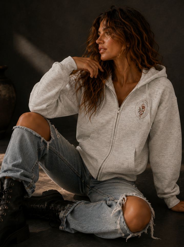 Minimal Floral Crest Zip Hoodie