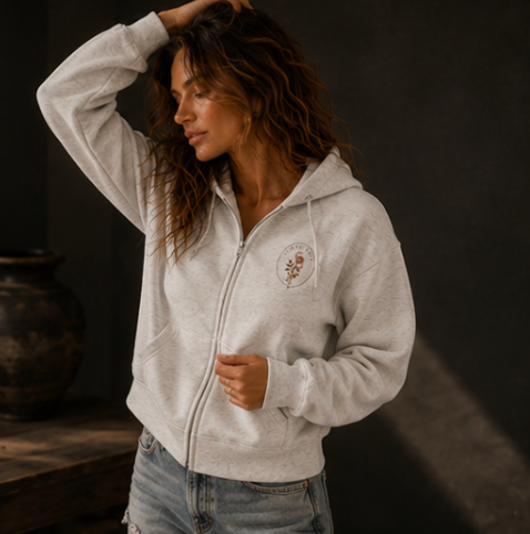 Minimal Floral Crest Zip Hoodie