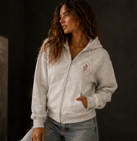 Minimal Floral Crest Zip Hoodie