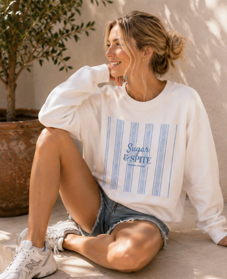 'Sugar & Spite' Blue Stripe Graphic Crewneck Sweatshirt