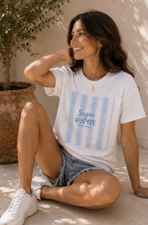 Sugar & Spite Blue Stripe Graphic Cotton TShirt