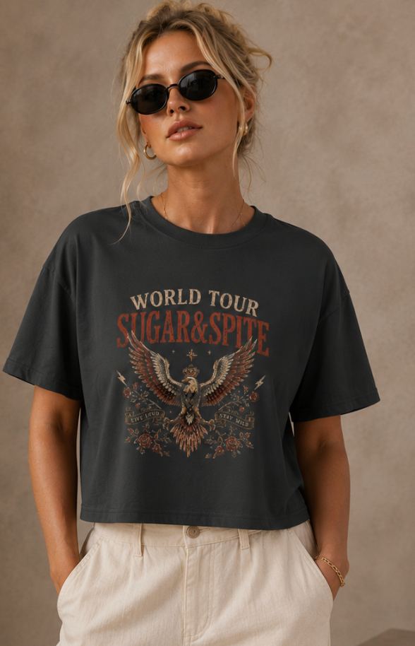 World Tour "Sugar & Spite" Eagle Tee — Vintage Rock Boxy T-Shirt