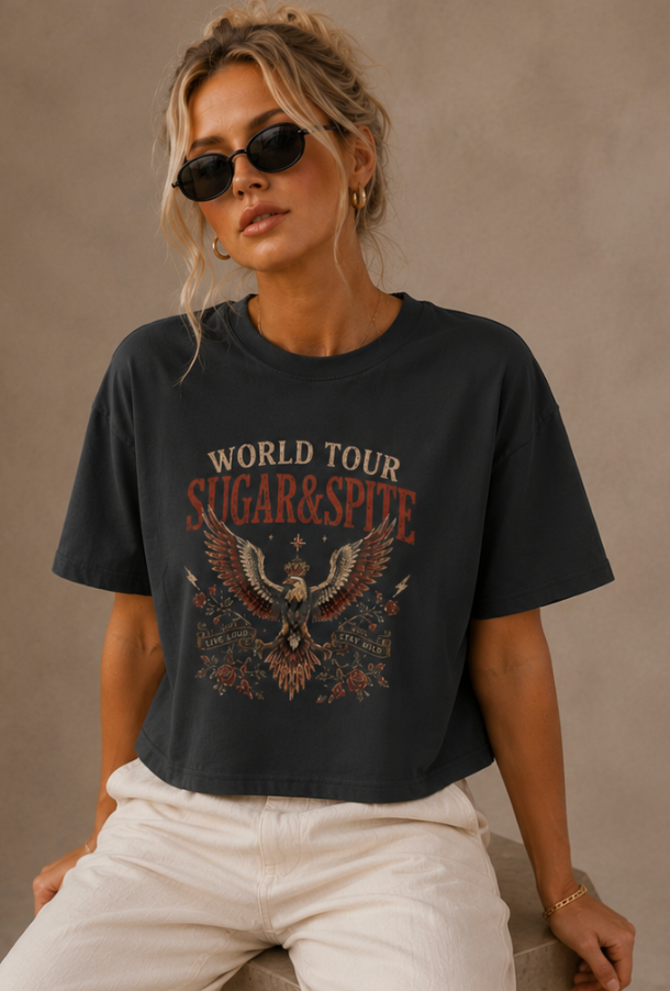 World Tour "Sugar & Spite" Eagle Tee — Vintage Rock Boxy T-Shirt