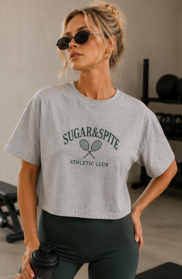 Sugar & Spite Athletic Club Boxy Tee — Women's Cropped Tennis Graphic Shirt
