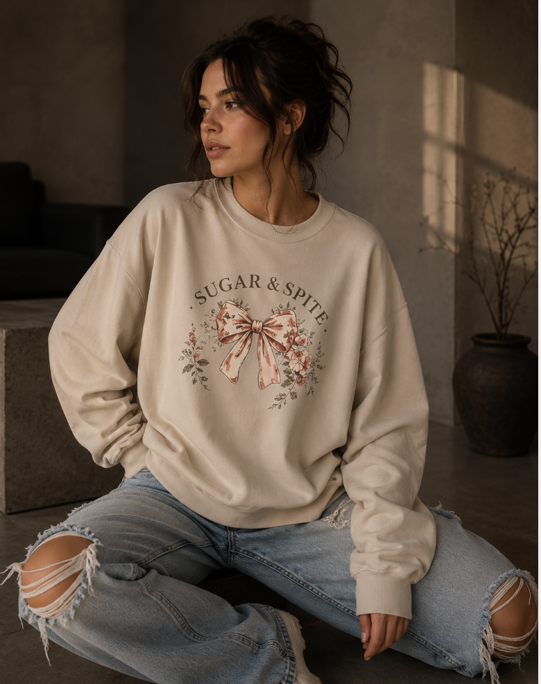 Sugar & Spite Bow Sweatshirt — Vintage Floral Crewneck