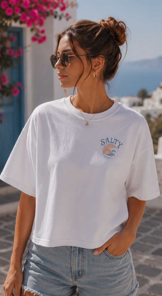 Salty Sunset Boxy Tee — Women's Beachy Graphic