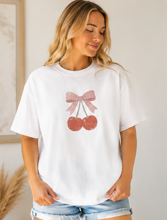 Cherry Bow Boxy Tee — Women's Vintage Cherry Graphic T-Shirt