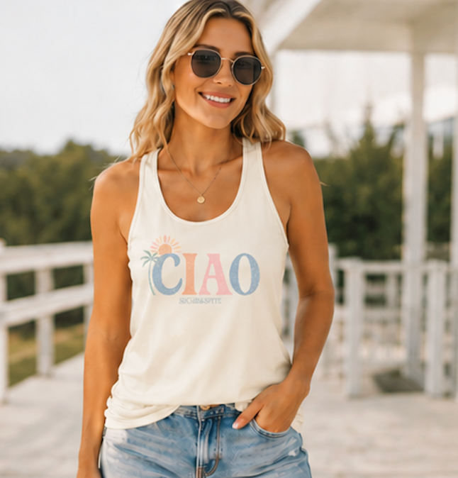 CIAO Beach Palm Women's Racerback Tank Top — Summer Vacation Graphic Tank