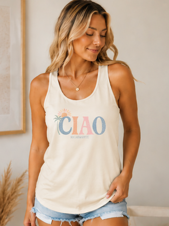 CIAO Beach Palm Women's Racerback Tank Top — Summer Vacation Graphic Tank