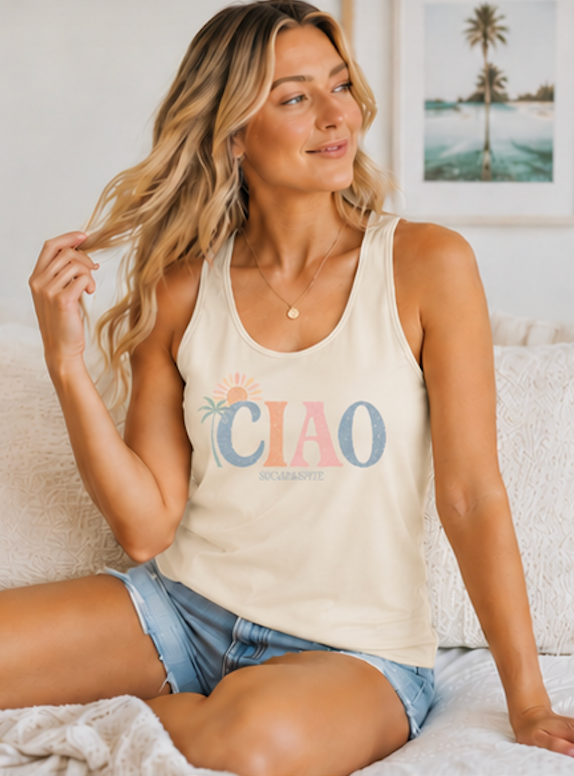 CIAO Beach Palm Women's Racerback Tank Top — Summer Vacation Graphic Tank