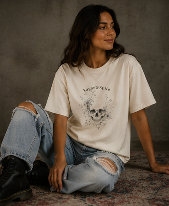 Sugar & Spite Skull Boxy Tee — Women’s Cropped Graphic T‑Shirt