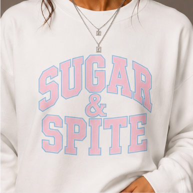 Sugar & Spite Baby Pink and Blue Varsity Logo Sweatshrit