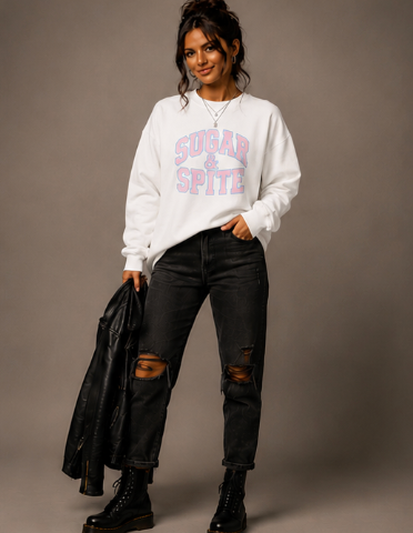 Sugar & Spite Baby Pink and Blue Varsity Logo Sweatshrit
