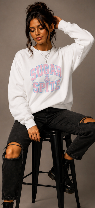 Sugar & Spite Baby Pink and Blue Varsity Logo Sweatshrit