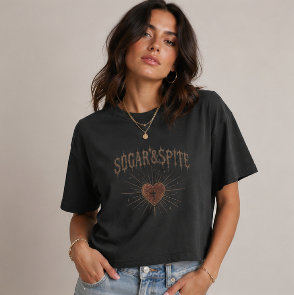 'Sugar & Spite' Rhinestone Heart Graphic Boxy Tee