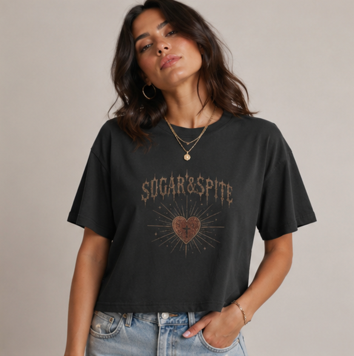 'Sugar & Spite' Rhinestone Heart Graphic Boxy Tee