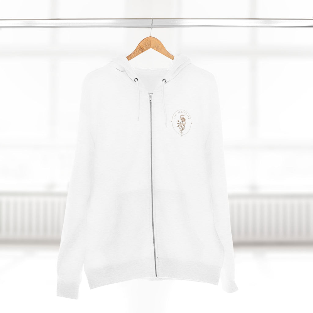 Minimal Floral Crest Zip Hoodie — Small Rose Emblem Chest Design