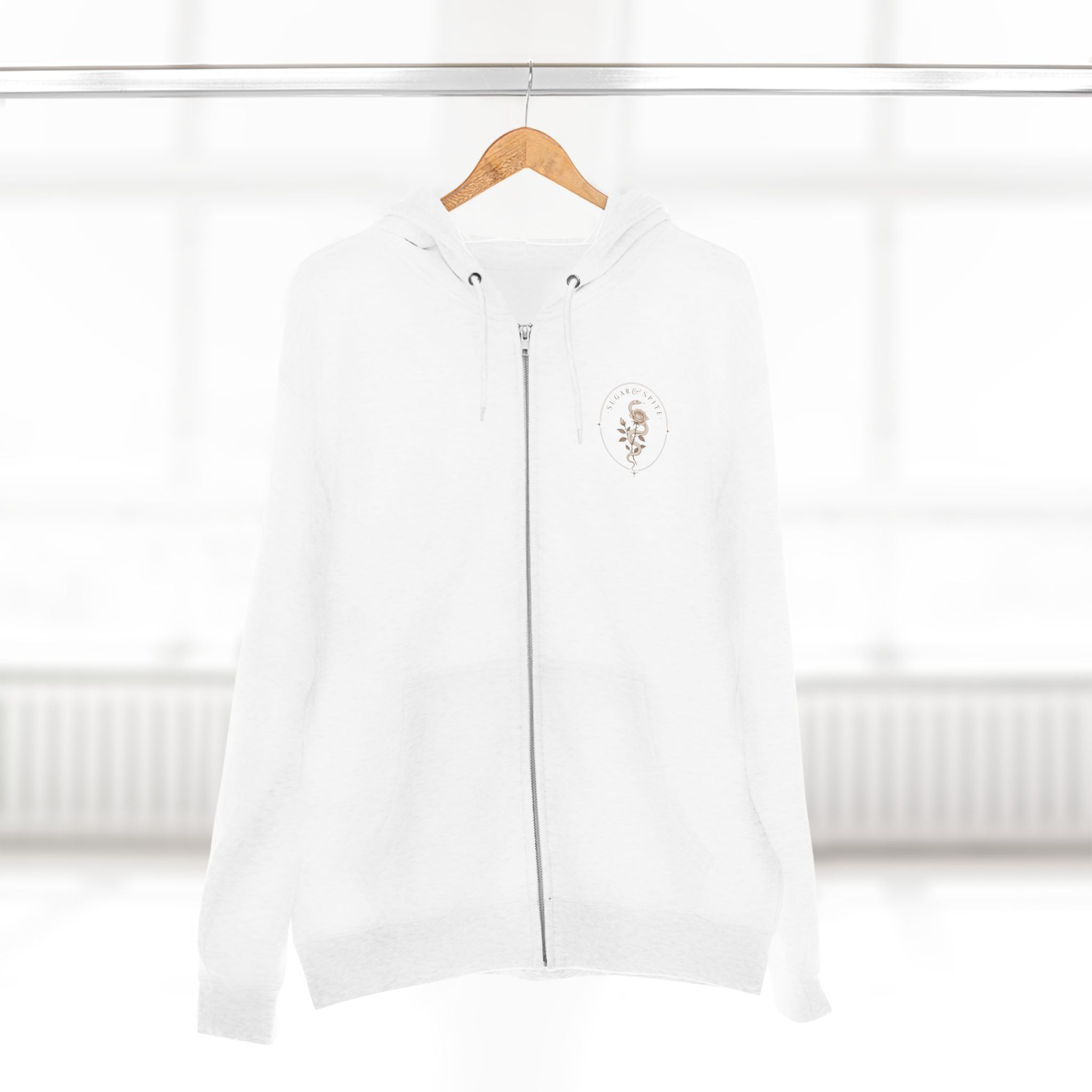Minimal Floral Crest Zip Hoodie — Small Rose Emblem Chest Design