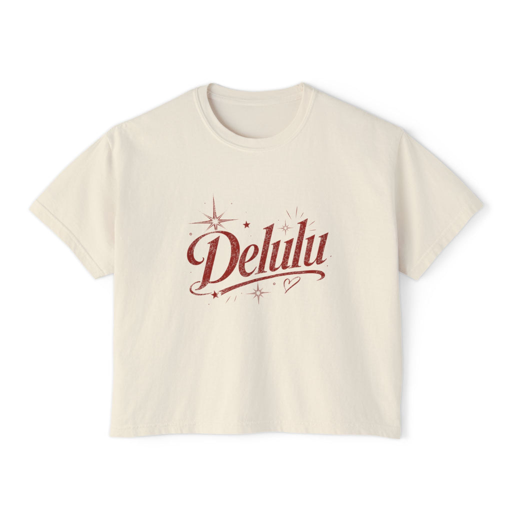 Delulu Boxy Tee - Retro Script Feminine Graphic Crop T‑Shirt