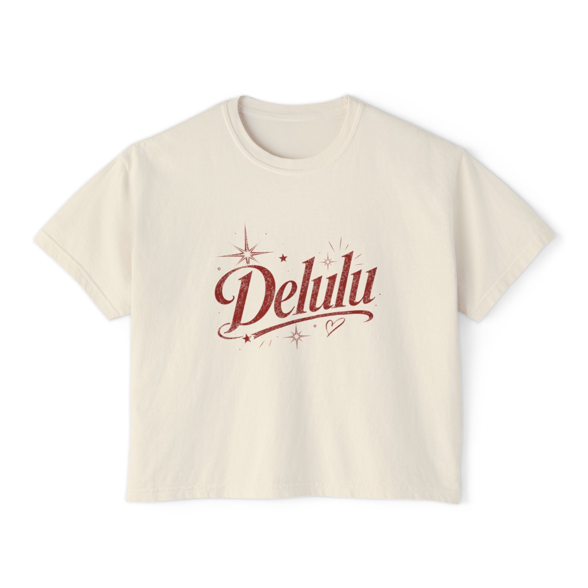 Delulu Boxy Tee - Retro Script Feminine Graphic Crop T‑Shirt