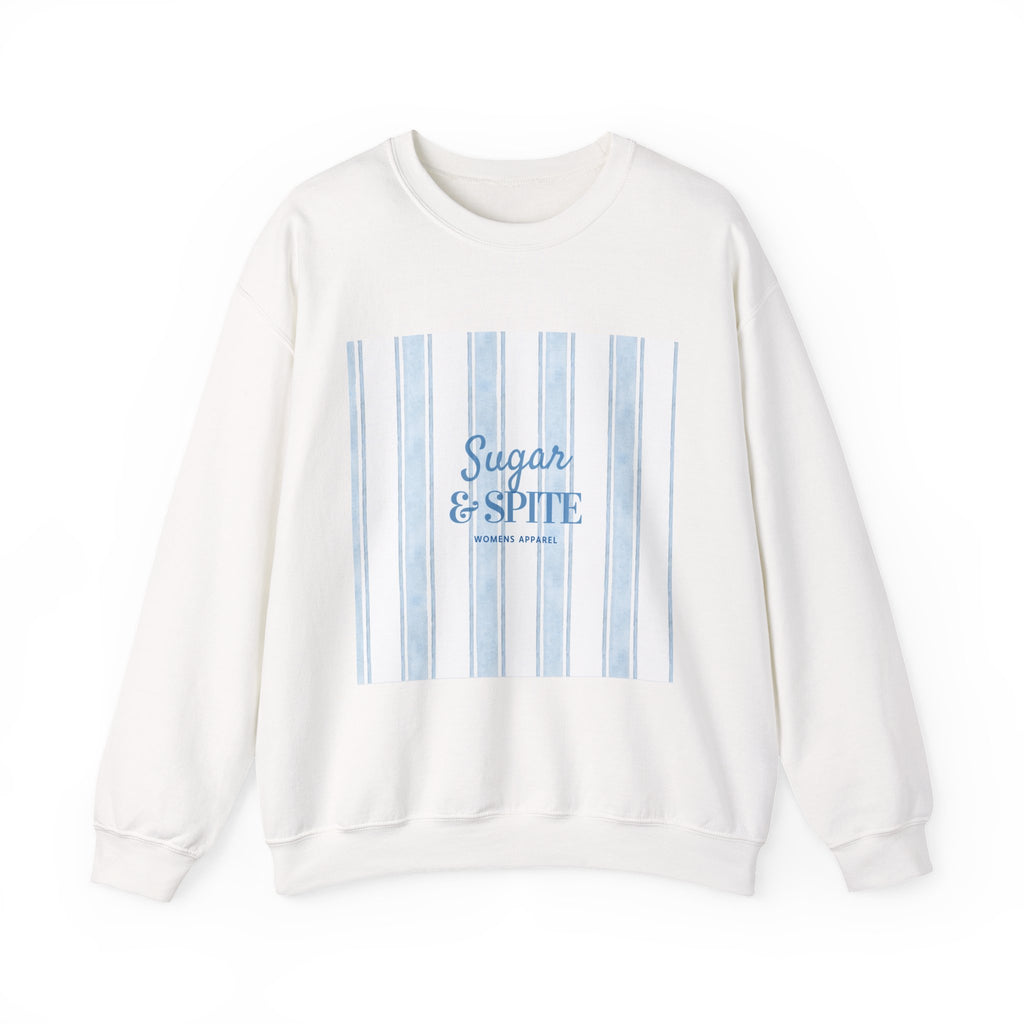 Crewneck Sweatshirt — 'Sugar & Spite' Blue Stripe Graphic