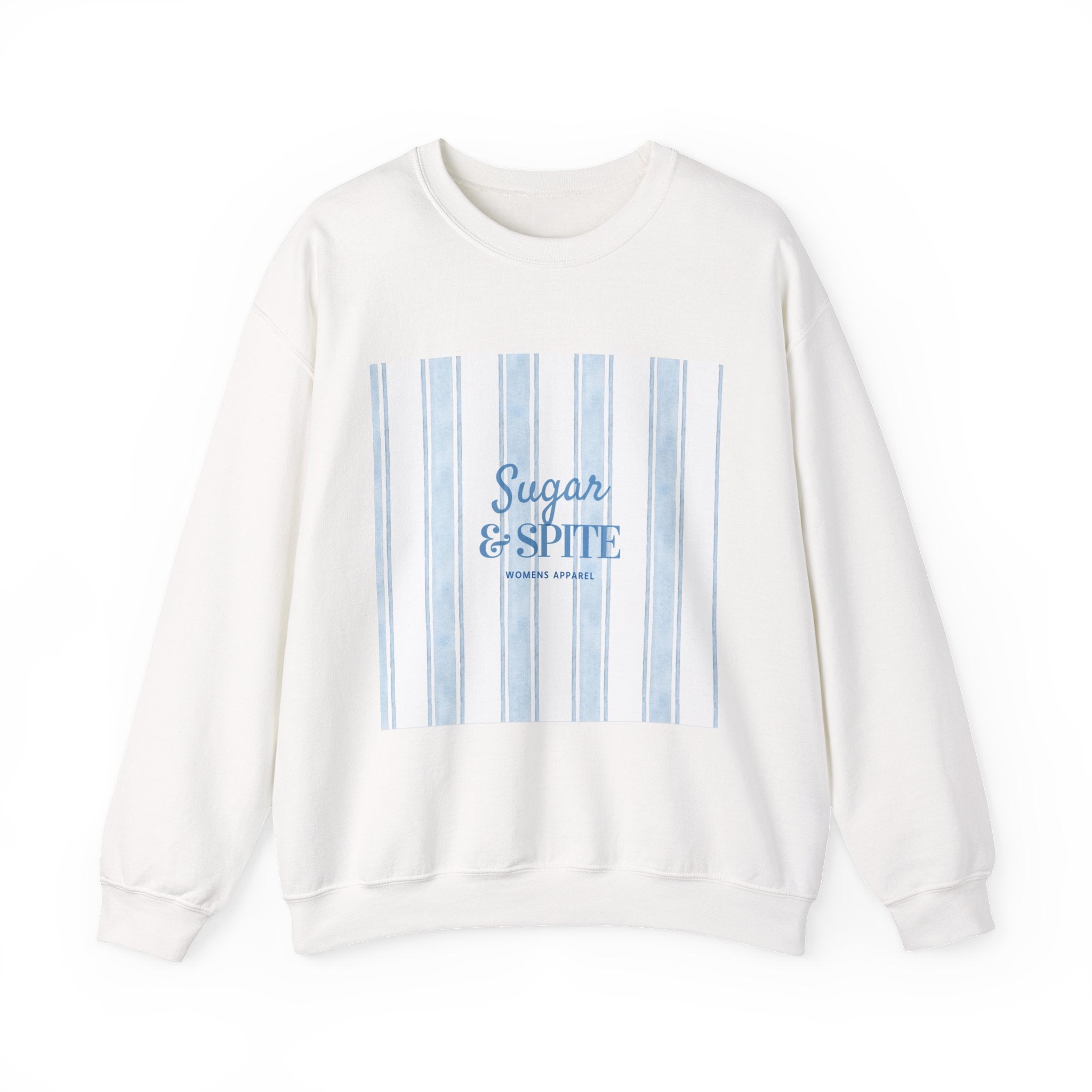 Crewneck Sweatshirt — 'Sugar & Spite' Blue Stripe Graphic