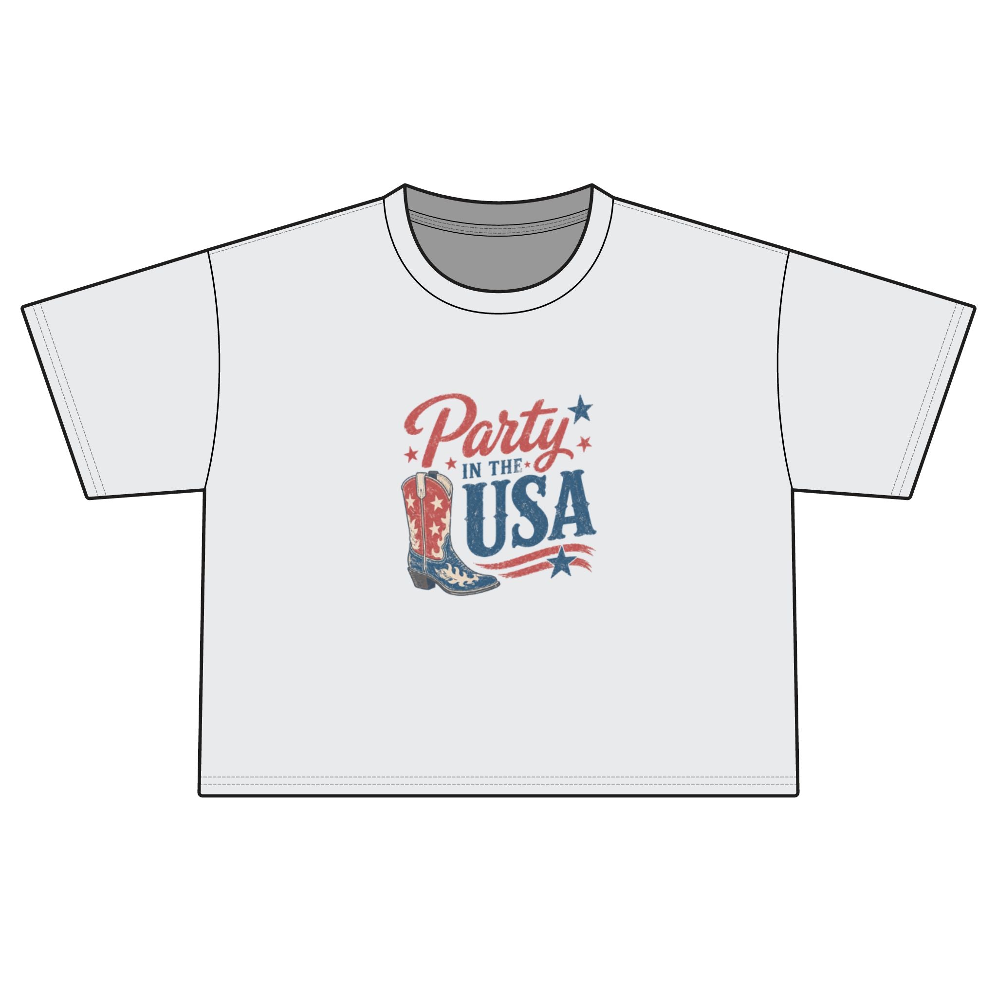 Party in the USA Boxy Tee — Patriotic Cowboy Boot 4th of July Shirt