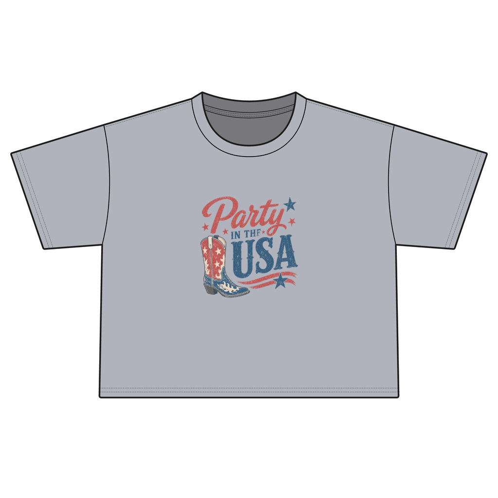 Party in the USA Boxy Tee — Patriotic Cowboy Boot 4th of July Shirt