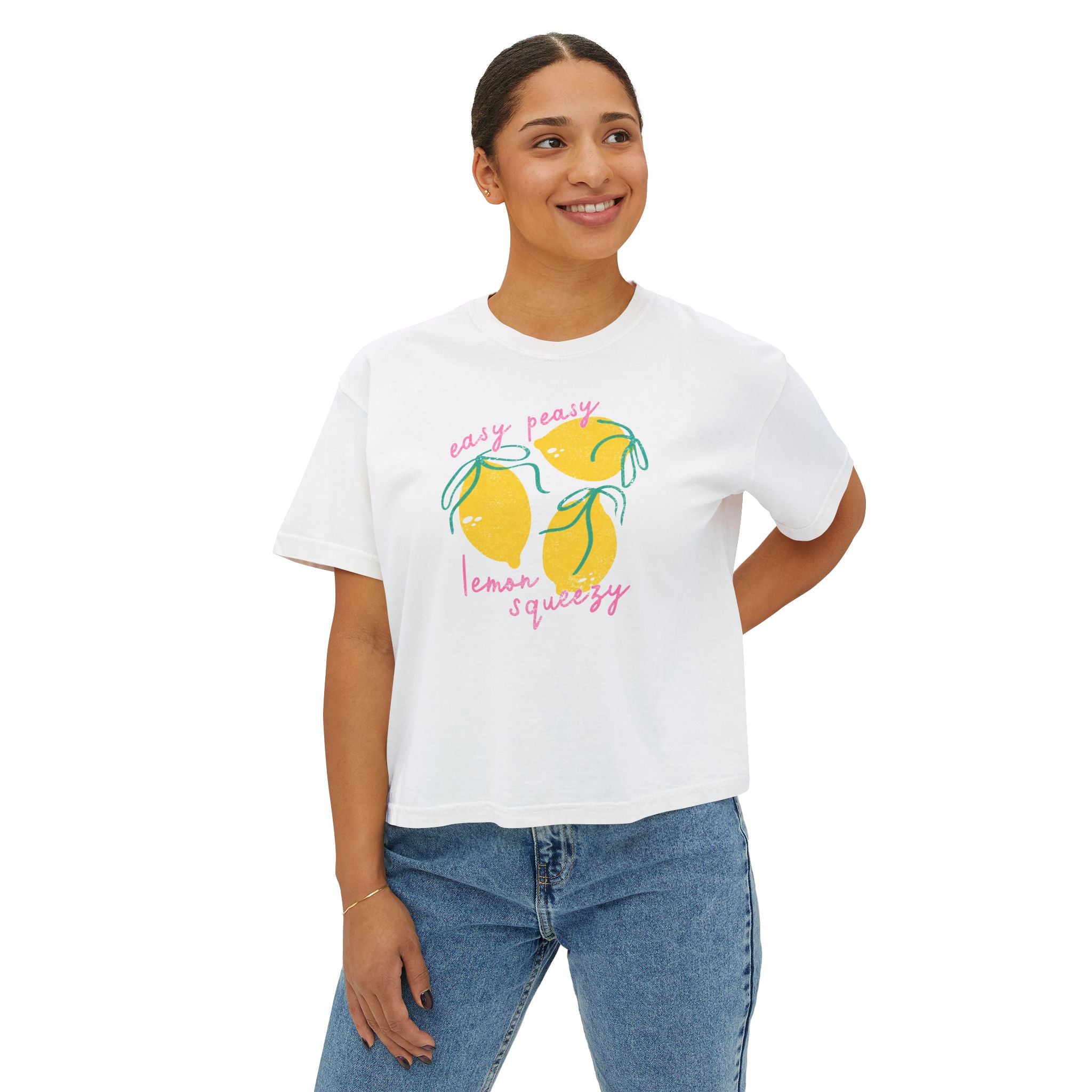 Women’s Boxy Tee — "Easy Peasy Lemon Squeezy" Lemon Graphic Crop Top