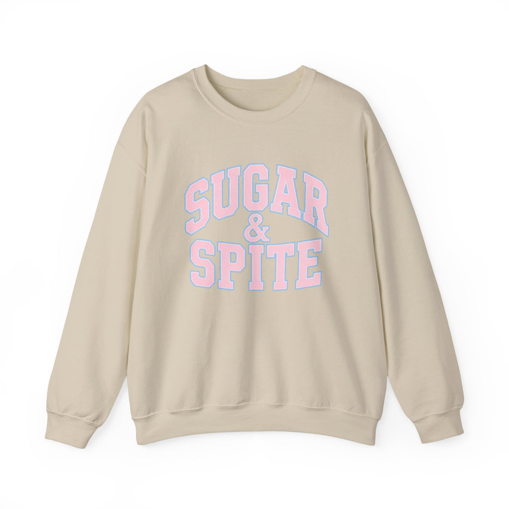 Sugar & Spite Baby Pink and Blue Varsity Logo Sweatshrit